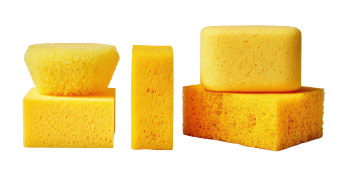 Three yellow sponges of various shapes and sizes, stacked