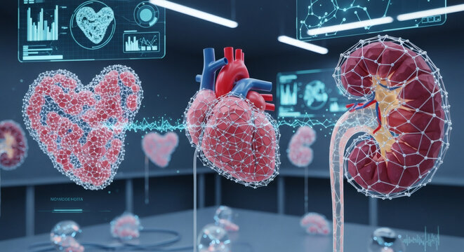 Futuristic holographic display showcasing detailed 3D models of a human heart and kidney with medical data visualizations in a laboratory setting. - Powered by Adobe