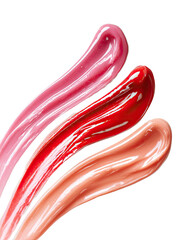 Lip glosses in varying shades of pink and red.  Abstract swirls of liquid cosmetic products