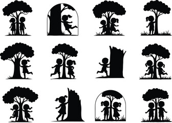 Silhouette of children playing hide and seek near trees, outdoor childhood fun, nature playtime, forest games, kids enjoying outdoors