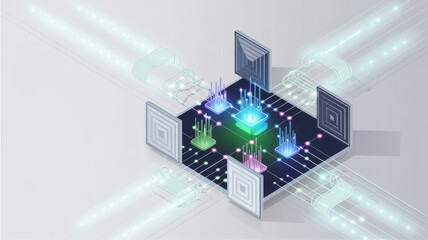 Abstract visualization of a central processing unit with glowing circuits and data streams emanating outwards, representing advanced technology and digital information flow