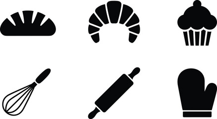 Baking tools and pastries icons, bread, croissant, cupcake, whisk, rolling pin, oven mitt, bakery essentials, cooking, kitchen utensils.