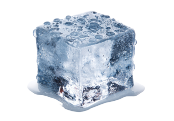 Close-up of a single ice cube with water droplets