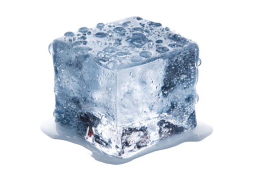 Close-up of a single ice cube with water droplets