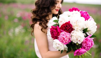 Woman holding a bouquet of peonies in a field