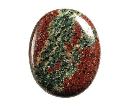 Oval, polished gemstone with red and green patterns