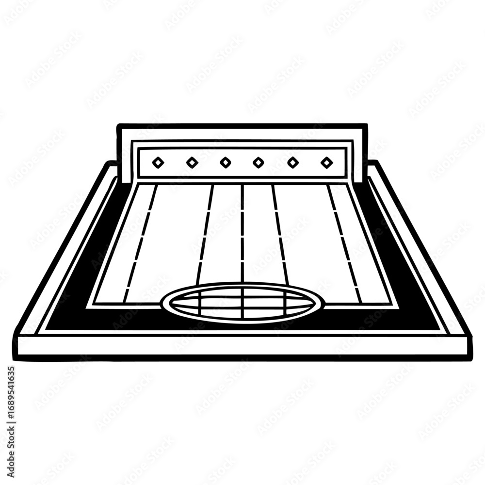 Poster black and white line drawing of rectangular object with vertical strings