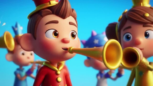 Joyful animated children playing trumpets in a celebratory parade under a bright blue sky
