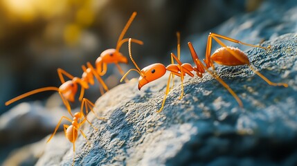 Obraz premium Several Orange Ants Moving Together on a Dark Textured Ground Keywords: ants, group, photo