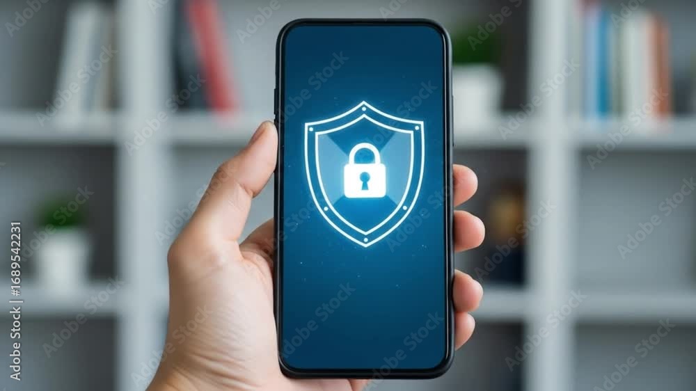 Aufkleber smartphone screen displaying digital security shield and lock icon protecting user data with finger 