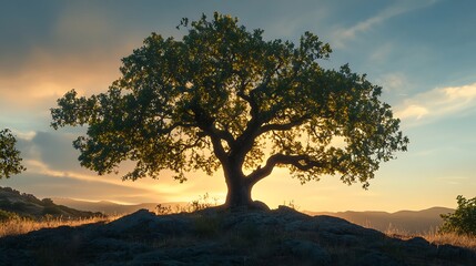 Obraz premium Silhouette of large tree on rocky outcrop against sunset sky branches trunk photo