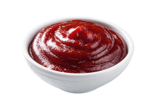 Red sauce in a small white bowl