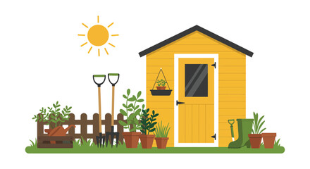 a cozy garden shed surrounded by plants under sunny sky