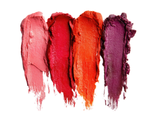 Smudged lipstick swatches in varying shades of pink, red, and orange on black background