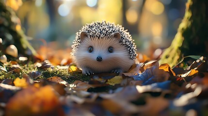 Small hedgehog nestled amongst vibrant autumn leaves in a forest cute adorable photo