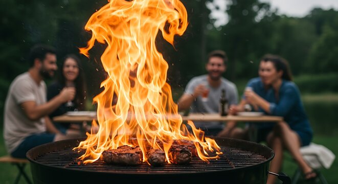 Friends enjoying a barbecue with a large bonfire. - Powered by Adobe