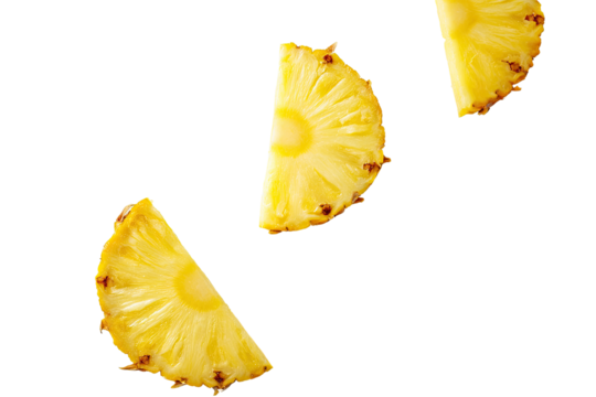 Three bright yellow pineapple slices,  angled and levitating against a black background, showcasing the juicy fruit interior