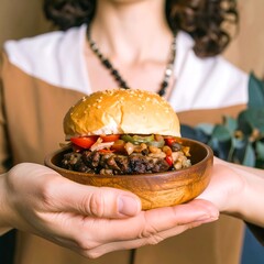 Woman holding a gourmet burger