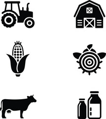 Farm icons with tractor, barn, corn cob, turtle, cow, milk bottles, agriculture symbols, rural farm life, livestock, dairy, crops.