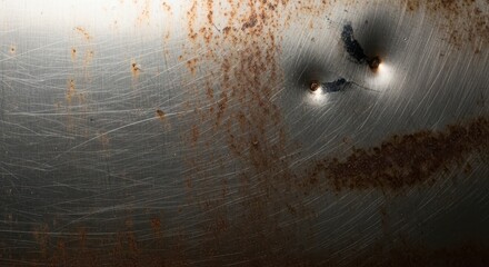 Close Up View of Rusty Metal Surface with Bullet Holes and Debris