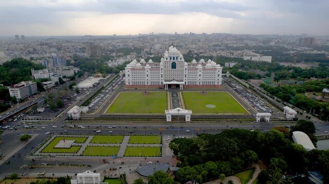 Aerial view of Center of Hyderabad city and Telangana state Secratariat building in Hyderabad, India.