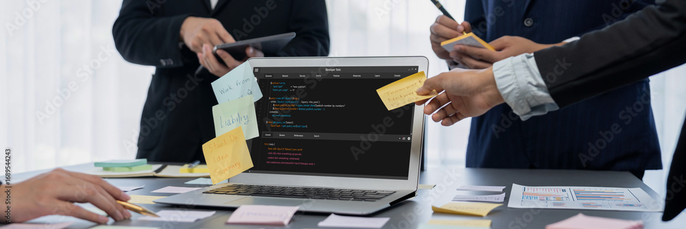 Poster software development programming on computer screen for brisk application and program coding