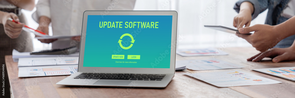 Poster software update on computer for brisk version of device software upgrade