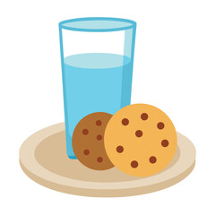 Illustration of a Glass of Water and Two Cookies on a Beige Plate