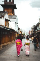 Women in kimonos walking in Kawagoe, Japan.