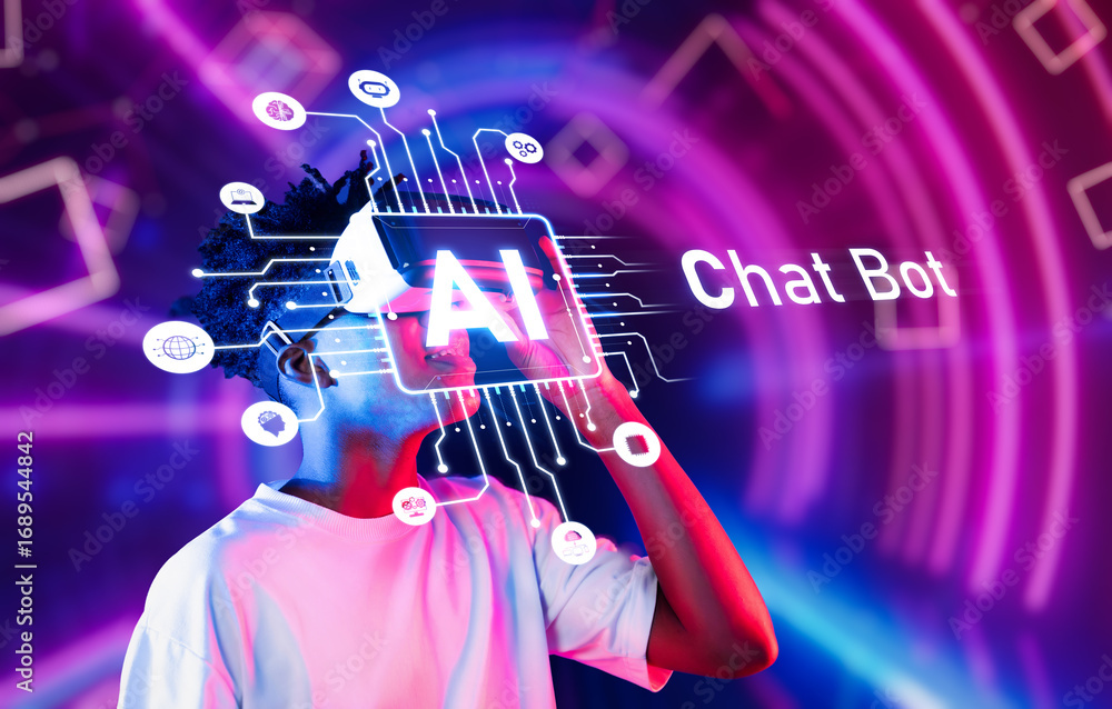 Poster explore the dynamic fusion of virtual reality and artificial intelligence in this striking image, sh