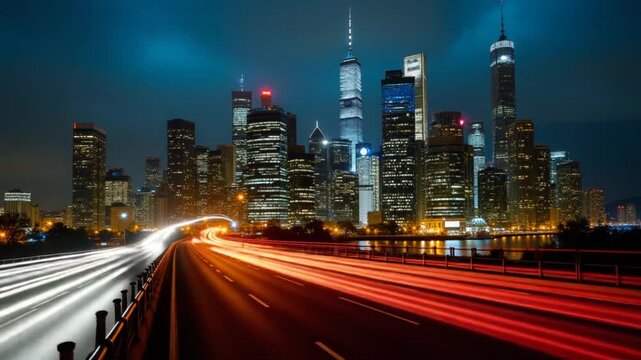Time Lapse of modern futuristic city skyline and road car traffic