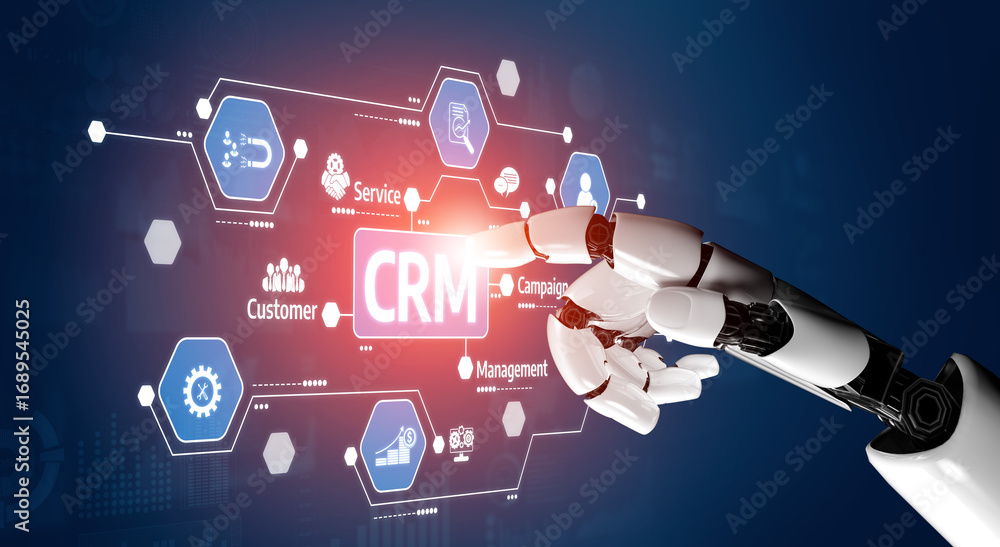 Poster a futuristic robotic hand connects with a crm interface on a digital screen, symbolizing the integra