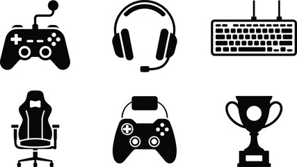 Gaming icons set with game controllers, headset, keyboard, gaming chair, trophy, esports, video game gear, online gaming, competitive play.