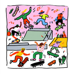 Skatepark - A concrete arena filled with grinding boards and leaping skaters --sref 4157282216 --v 7.0 - @ttkd0310 (relaxed)