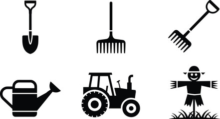 Garden tools icons set, shovel, rake, watering can, tractor, scarecrow, farming equipment, agriculture, gardening, rural life, planting, cultivation, outdoor work, farm machinery, garden care.
