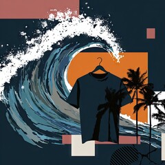 A navy t-shirt hangs against a backdrop of a swirling ocean wave, palm trees, and geometric shapes, showcasing a vibrant and artistic composition.