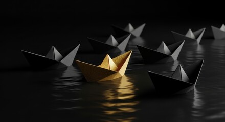 Golden Paper Boat Leads Dark Fleet Across Still Water in Leadership Concept