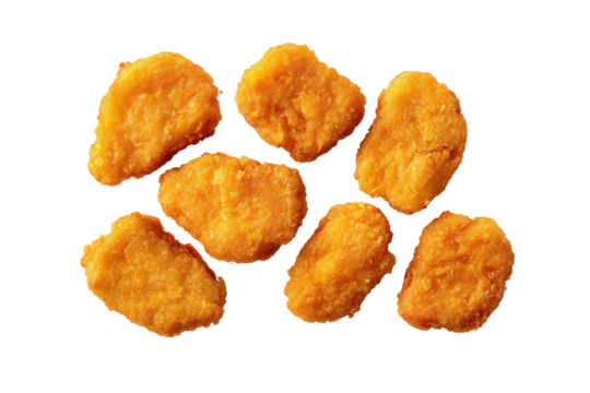 Crispy golden-brown chicken nuggets, slightly irregular shapes, arranged in a loose cluster