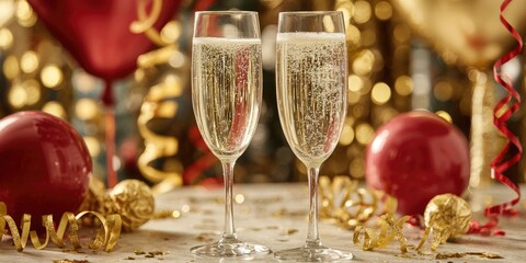 Two champagne flutes filled with sparkling wine sit amidst festive decorations.