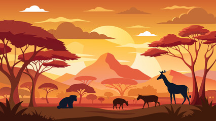 african safari animal silhouette landscape scene