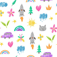 Crayon drawn set with rainbow, arrow and flower in childlike style. Kindergarten elements with chalk brush texture