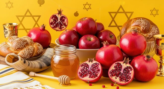Sweet New Year Wishes Apples Pomegranates Honey and Challah Bread