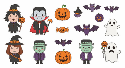 Adorable Halloween Vector Graphics Collection: Cute Cartoon Characters, Pumpkins, Bats, Ghosts & Spooky Elements Set