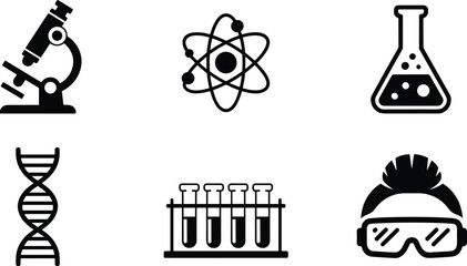 Science icons collection, microscope, atom model, flask, DNA strand, test tubes, scientist with goggles, laboratory, research, biology, chemistry, experiment, technology.