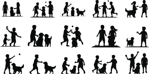 Silhouettes of children playing with dogs, happy kids outdoors, pet companionship, playful dogs, joyful moments, friendship, active lifestyle, childhood fun, family pets