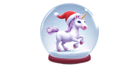 Obraz premium Festive Unicorn in Snow Globe with Santa Hat, a whimsical Christmas and New Years holiday decoration, spreading joy and magic