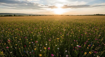 A vast field of wildflowers blooms under a golden sunset, showcasing a vibrant display of color and life.