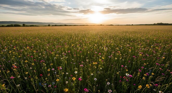 A vast field of wildflowers blooms under a golden sunset, showcasing a vibrant display of color and life.