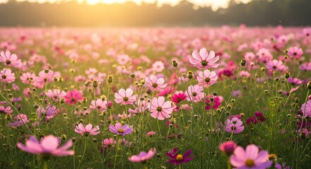 Fototapeta premium Enchanting cosmos field bathed in golden sunlight creating a serene and idyllic floral vista
