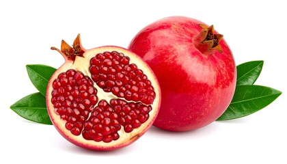 Two pomegranates, one whole and one half, with leaves